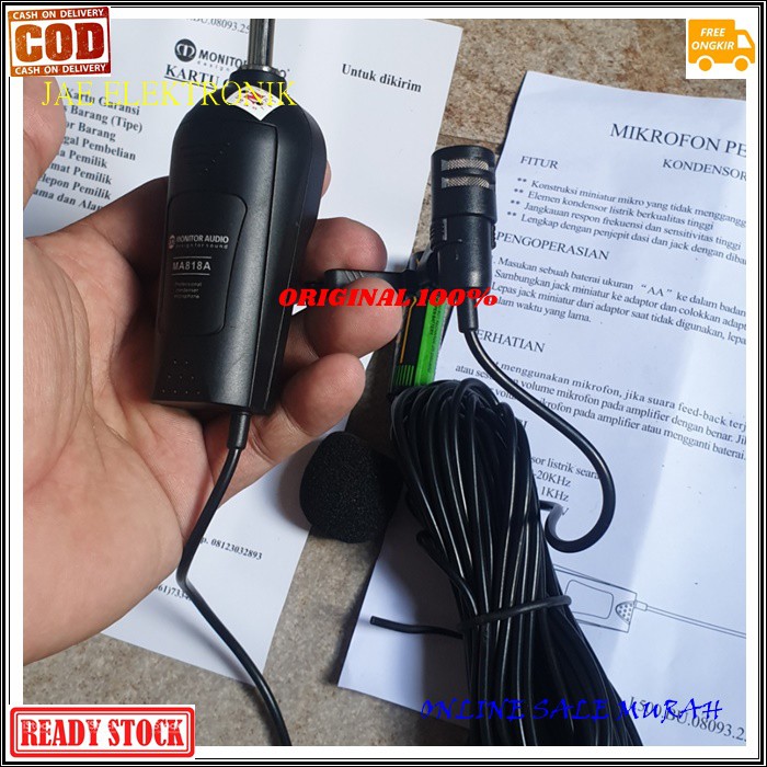 G518 MIC JEPIT MONITOR AUDIO ORIGINAL MIK KABEL CONDENSOR MICROPHONE KANCING KERAH BAJU CLIP ON klip sensitif aux sound klip cable profesional pro vocal vokal karaoke mikrophone G518   BISA DIGUNAKAN SEGALA JENIS AUDIO  PAKAI BATERAI AA X SATU PCS  Profes