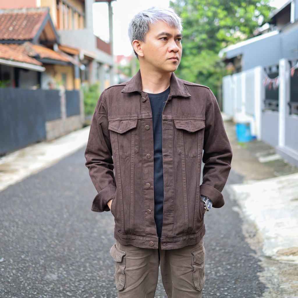 Jaket Denim Casual Pria / Jaket Jeans Cowo Vintage Modern Clasic - Mocca