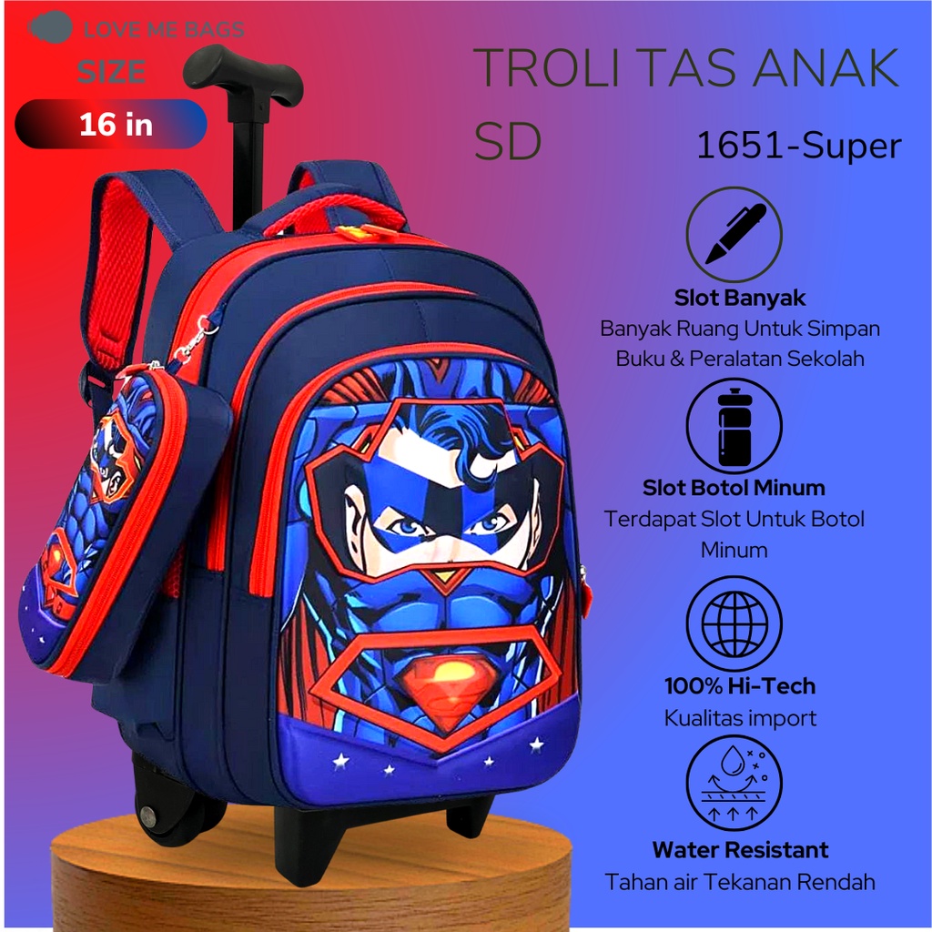 LMB Tas Troli Anak Laki Laki Sekolah SD Ransel Import Premium Karakter Gambar Superhero Timbul 6D Roda Dorong