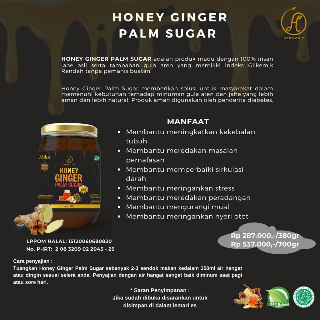 Honey Ginger Palm Sugar Hermofit Madu Dengan Irisan Jahe Dan Gula Aren Aman Bagi Penderita Diabetes Shopee Indonesia