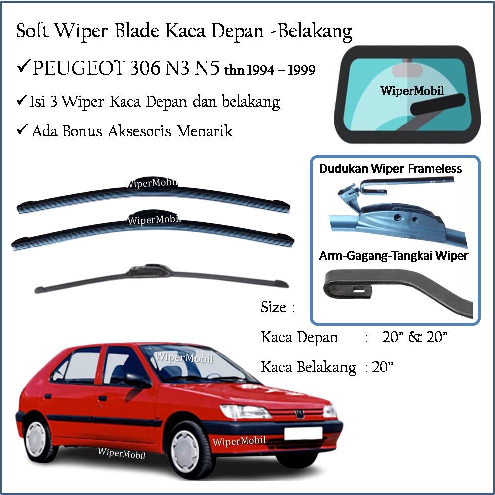 Wiper Banana Kaca Depan Belakang Peugeot 306 N3 N5 1994 1995 1996 1997 1998 1999