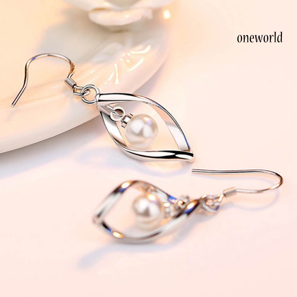 OW# Elegant Women Faux Pearl Rotating Dangle Hook Earrings Wedding Jewelry Gift