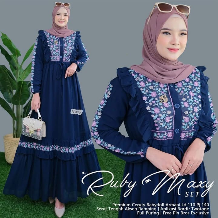 Gamis Wanita Remaja Dewasa Ruby Maxi Dress Muslim Gaun Pesta Muslimah Motif Bordir Bunga Bahan Serut