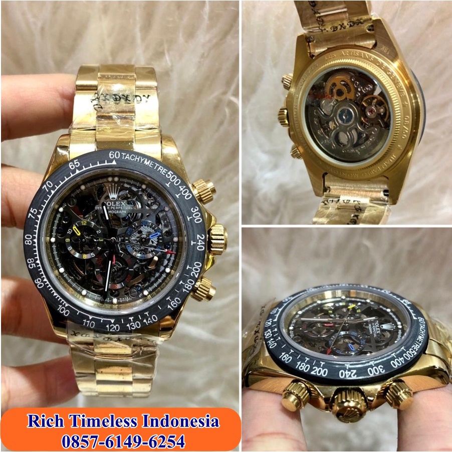 New Arrival  Jam Tangan Pria Mewah Merk Rolex Monyota Chain Stainless Rosegold Black Dial Jam Tangan