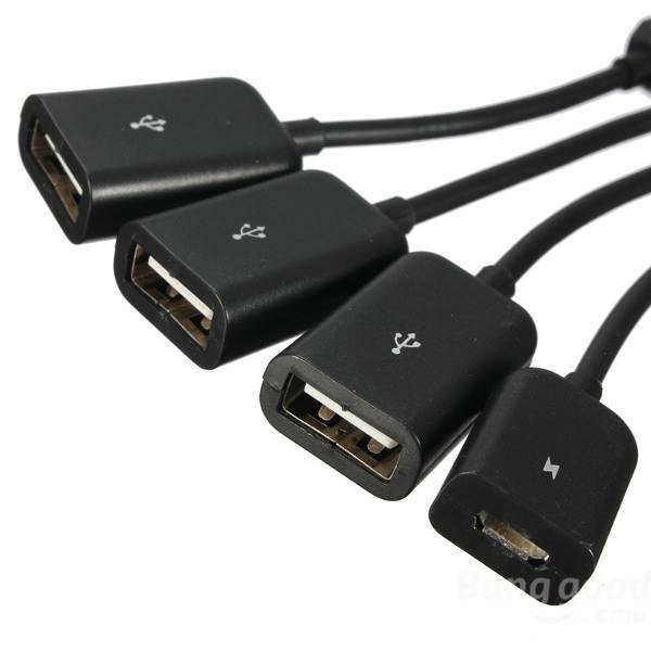 Micro USB OTG Hub 4 in 1 Data Cable &amp; Charge - Black