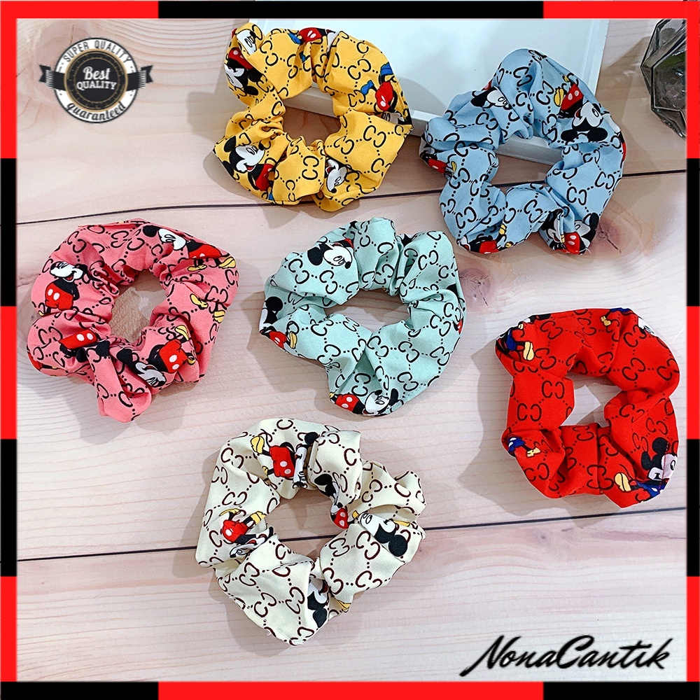 Scrunchie Import Ikat Rambut Kerut Motif Karakter Karet Rambut Bahan Satin Perancis Korea Scrunchies