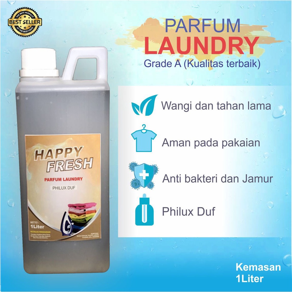 Parfum Laundry Pelicin bahan Alkohol dan Pengharum Baju 1Liter &quot;HAPPY FRESH&quot;  Berkualitas Wanginya Tahan Lama Anti Apek dan Anti Jamur