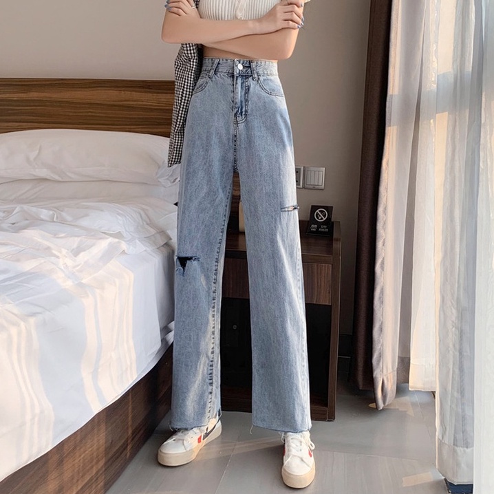 Biru Rawis--Korean New Robek Highwaist Straight Loose Celana Jeans Panjang Wanita（realpict）