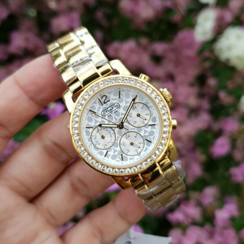 jam tangan wanita coach batre crono stainless ring permata kualitas original