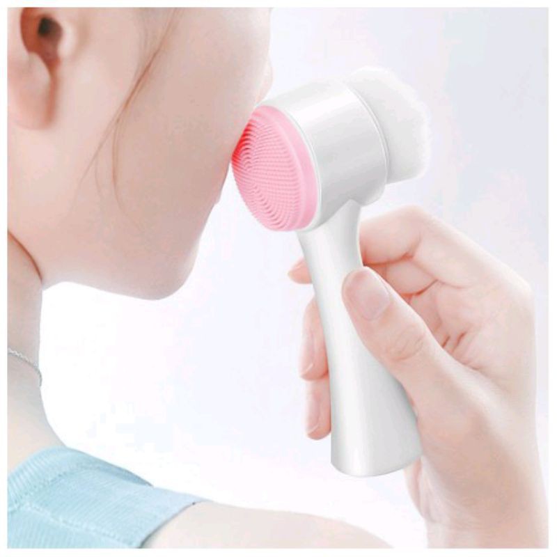 Alat Pembersih Wajah Silikon 2 Sisi Gagang / Alat Cuci Muka 2in1 Facial Brush Dan Bulu Sikat Silikon