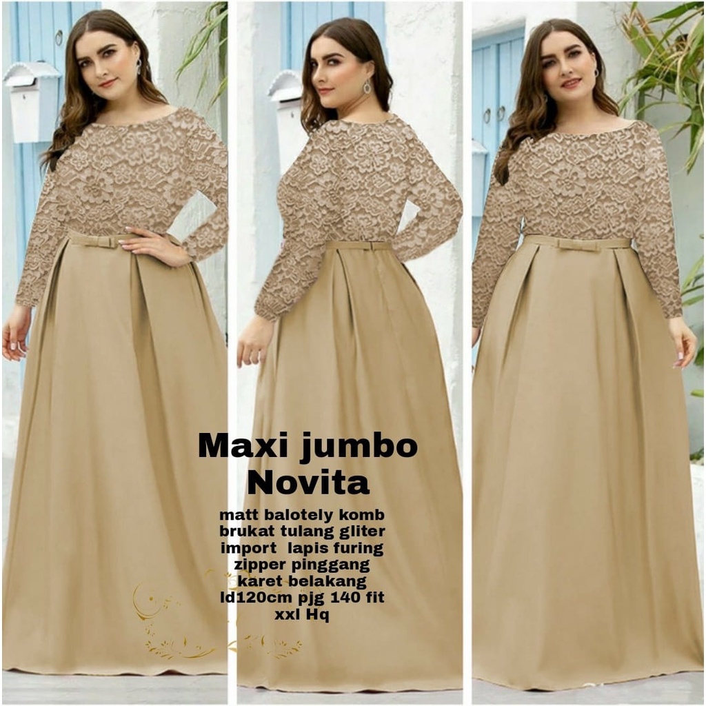 Dress Maxi Jumbo Brukat Lengan Panjang/ Dress Brukat NOVITA Maxi Fit To XXL