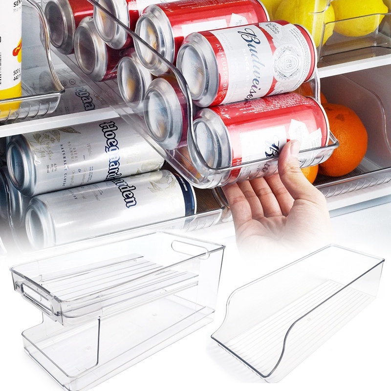 Dapur Plastik Transparan Hemat Ruang Soda Beer Can Tempat Botol Rolling Kulkas Beer and Beverage Storage Rack With Handle