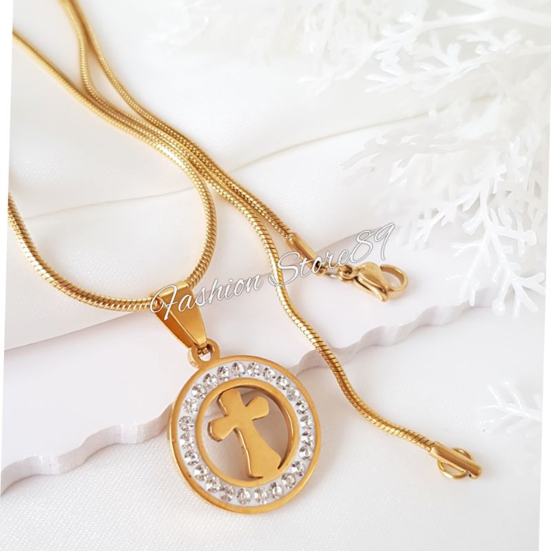 Kalung import rohani kalung salib rohani titanium gold full permata antikarat bestseller bestquality LTNx