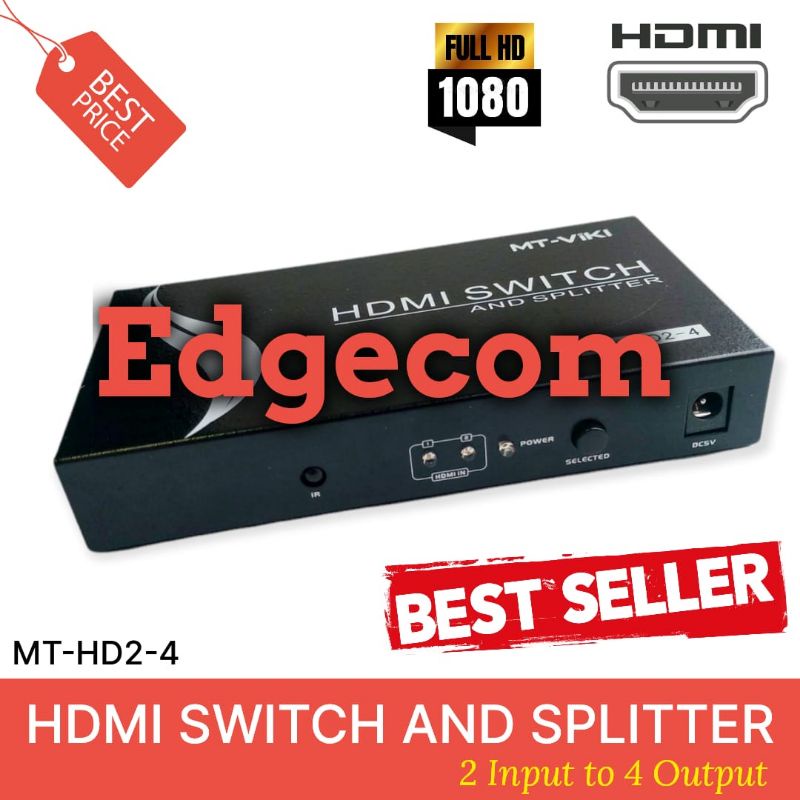 HDMI Switch and Splitter 2 input to 4 Output Selector with IR Remote