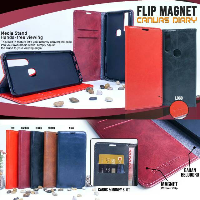 OPPO RENO 3 2F A91 F15 FLIP MAGNET KULIT CANVAS DIARY FLIP COVER LEATHER CASE CASING