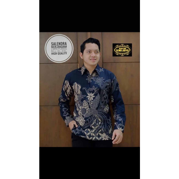 Kemeja batik pria lengan panjang warna biru dongker / batik lengan panjang warna biru dongker bahan katun halus sragenan lapis furing / batik panjang SALENDRA DONGKER
