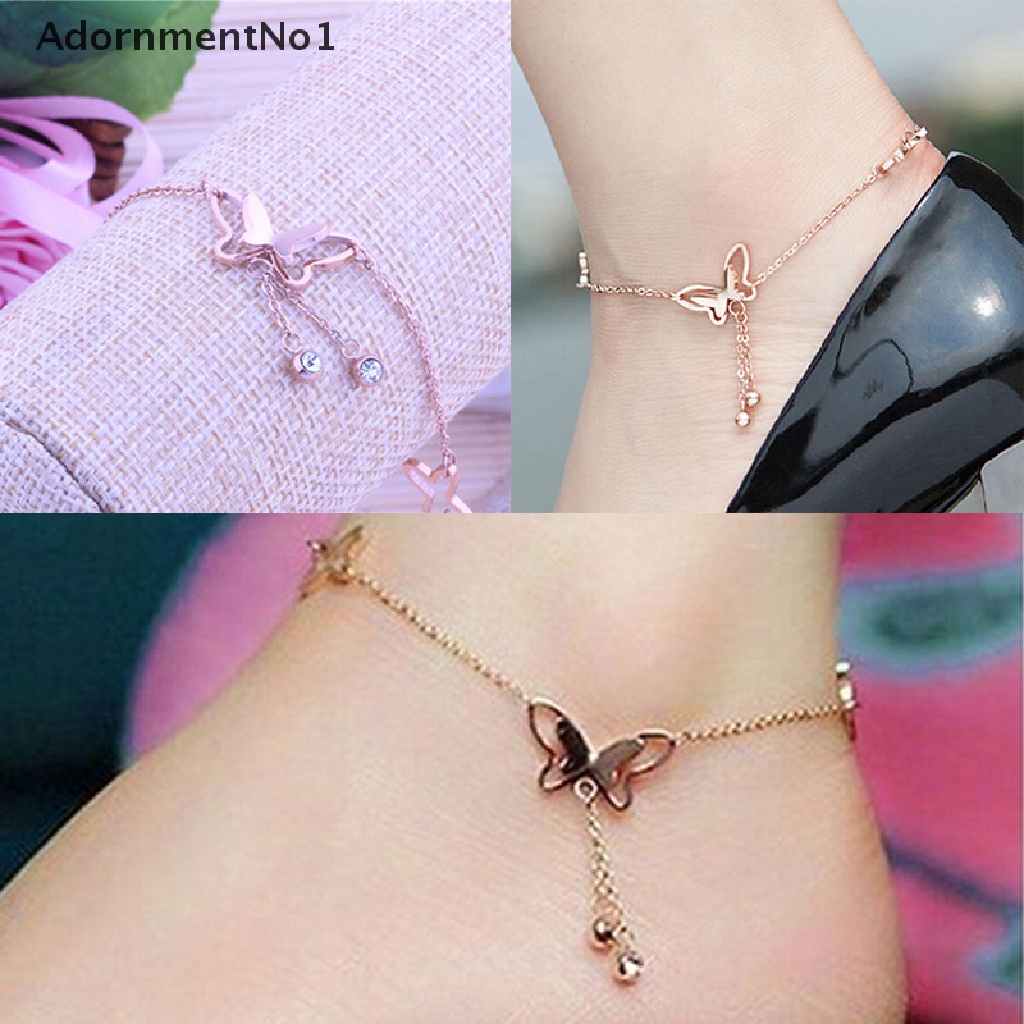 (AdornmentNo1) Gelang Kaki Rantai Rose Gold Liontin Kupu-Kupu Untuk Wanita Butterfly