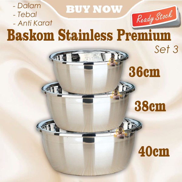 SET3 Baskom stainless PREMIUM 36/38/40cm TEBAL anti karat baskom dalam