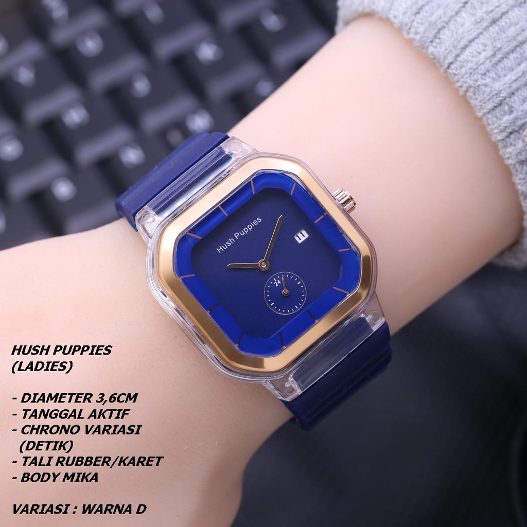 JAM TANGAN WANITA HUSH PUPPIES TALI RUBBER BODY SEGI TANGGALAKTIF CHRONO DETIK AKTIF