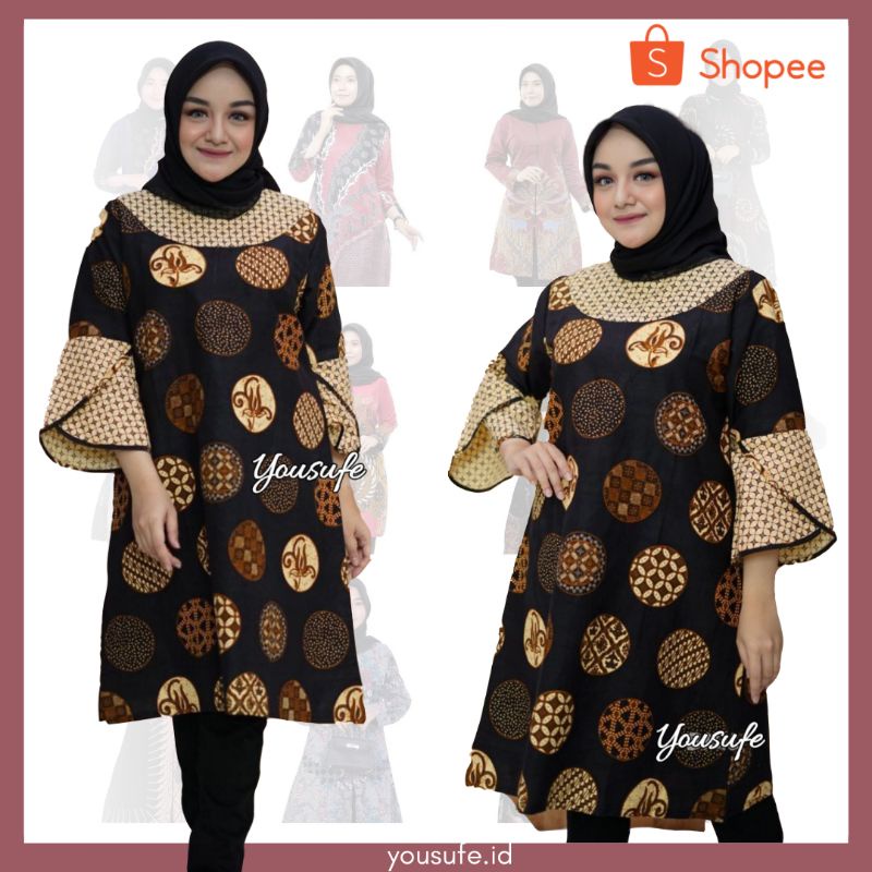 Tunik Batik Kantor Motif Coklat Hitam Terbaru Adem Nyaman M L XL XXL besar bisa seragam