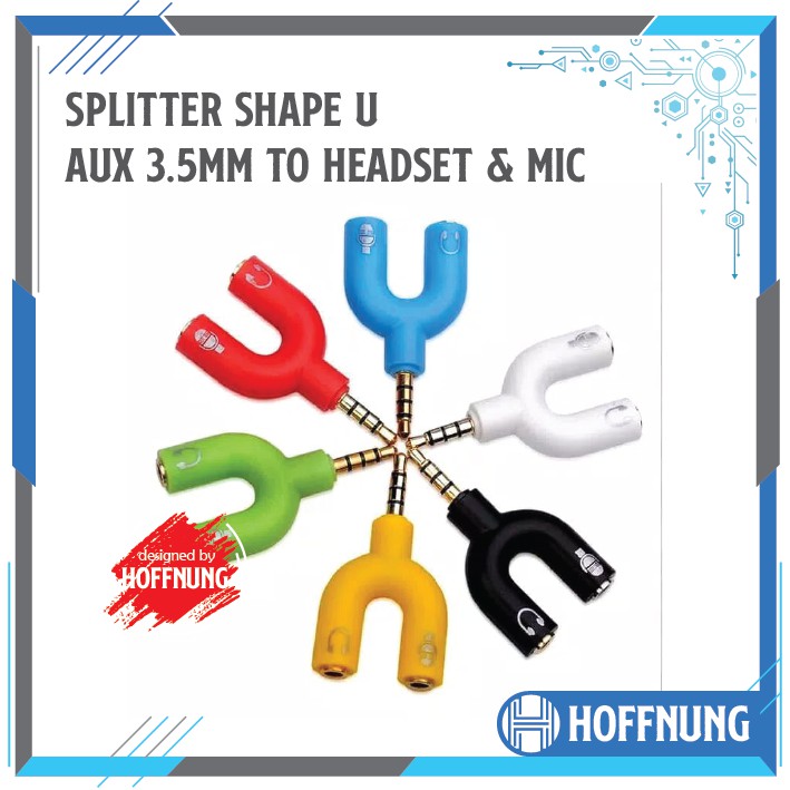 Konektor Jack Y Spliter Shape U Aux 3.5mm ke Audio Headset Mic Splitter Male to 2 Female