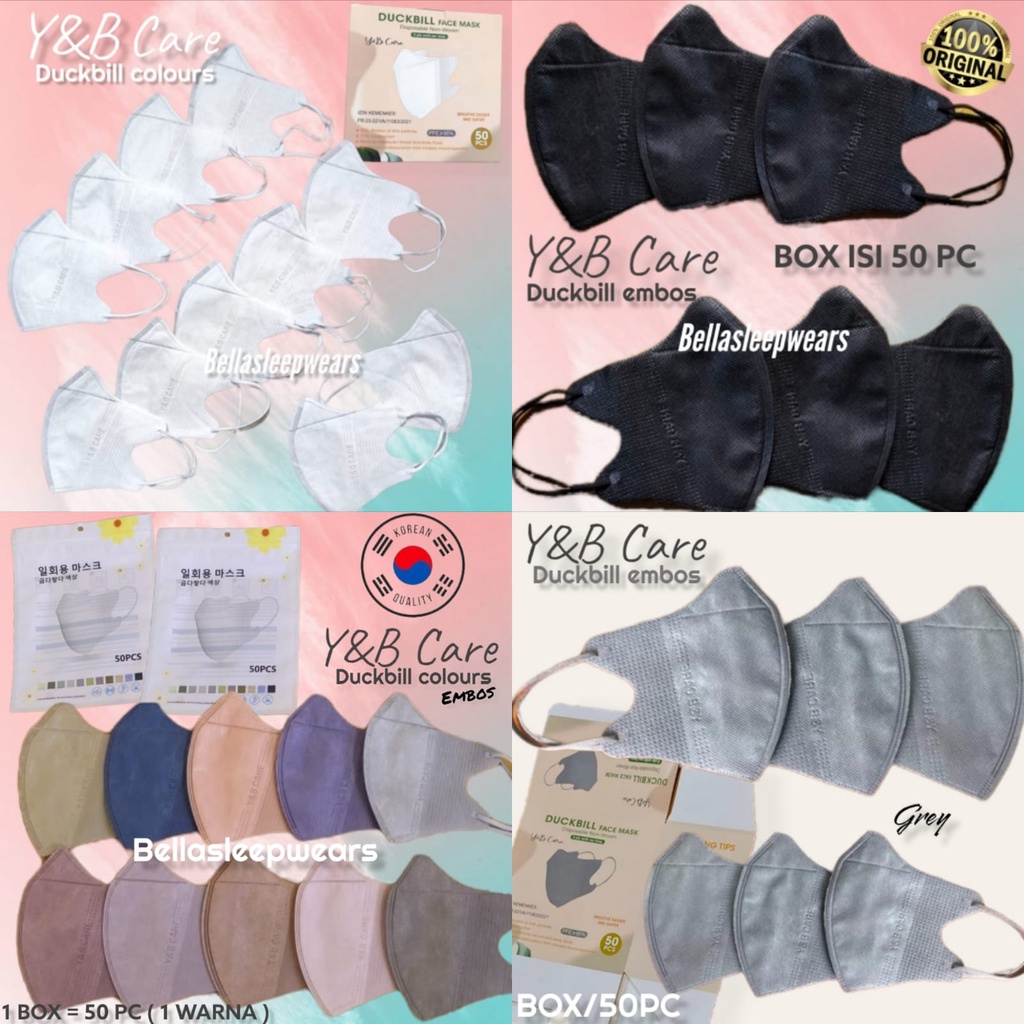 DB YB CARE MIX EMBOS RAINBOW 50 - MASKER DUCKBILL Y&amp;B CARE EMBOS KOREA EARLOOP 3PLY GARIS WARNA PUTIH HITAM ABU