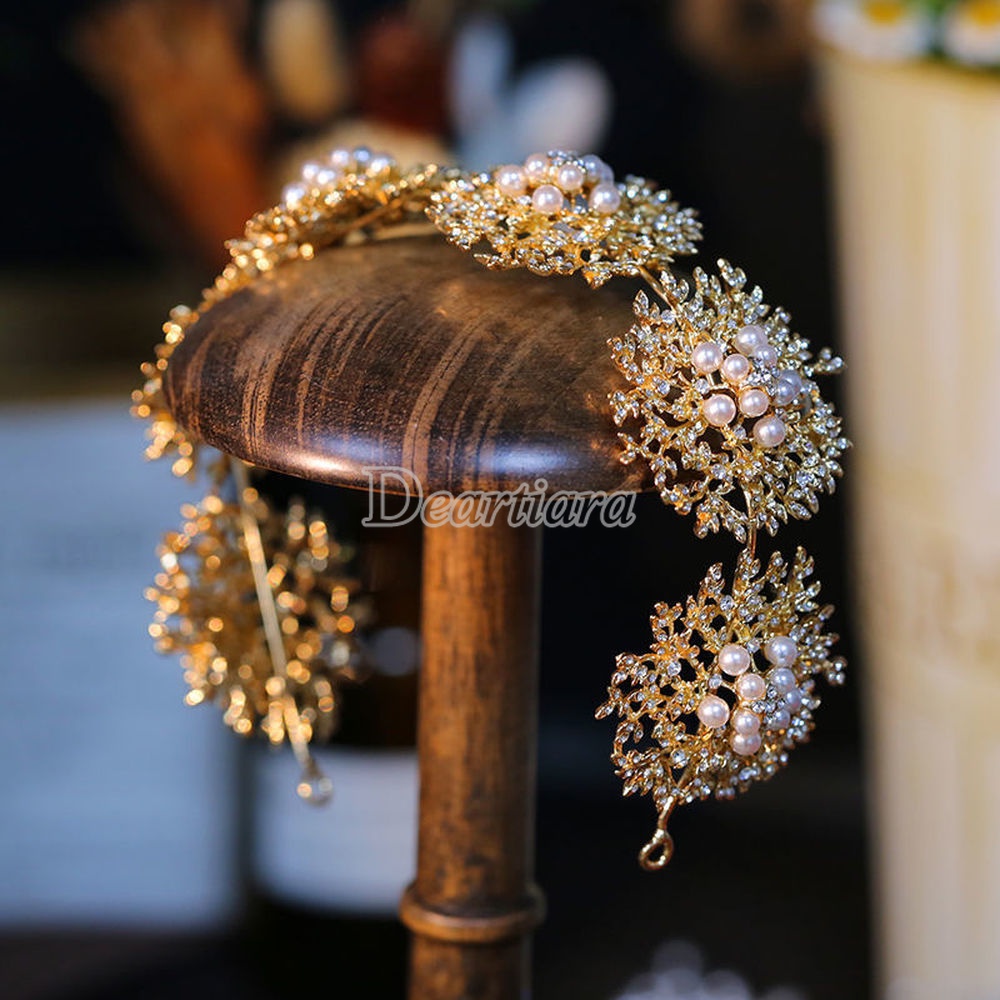 Mahkotatiara Rambut Wanita Desain Bungamutiara Warna Gold Gaya Vintageelegan Untuk Pernikahan