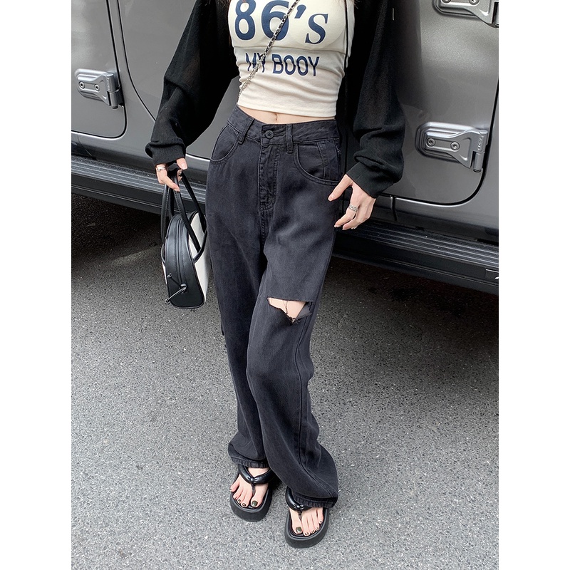 high waist salju hitam new celana jeans panjang wanitae  robek