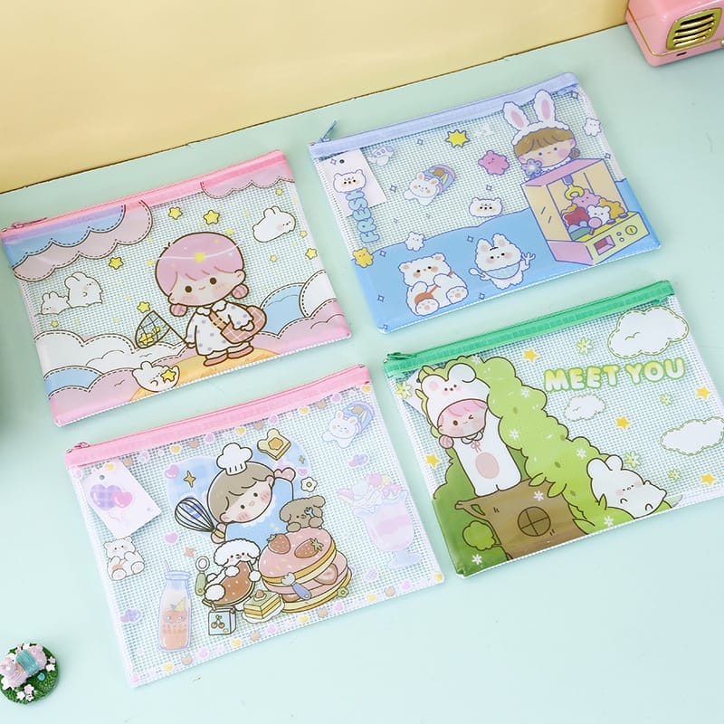 MAP Folder Plastik Mika Bening Jaring Karakter Kartun Lucu A4 Import Premium