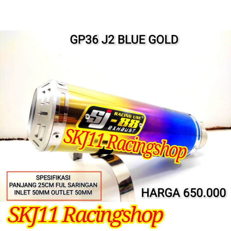 DISKON 3% Slincer Silincer Knalpot SJ88 Racing GP36 J2 Blue Gold Panjang 25 cm Full Saringan Inlet Outlet 50 mm