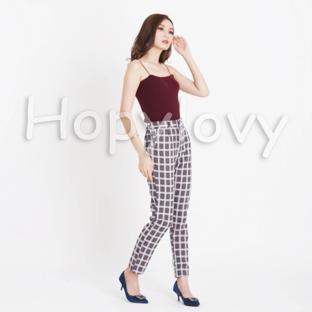 HOPYLOVY SALE - Celana Panjang Wanita / Celana Bahan Motif Kotak Cieko