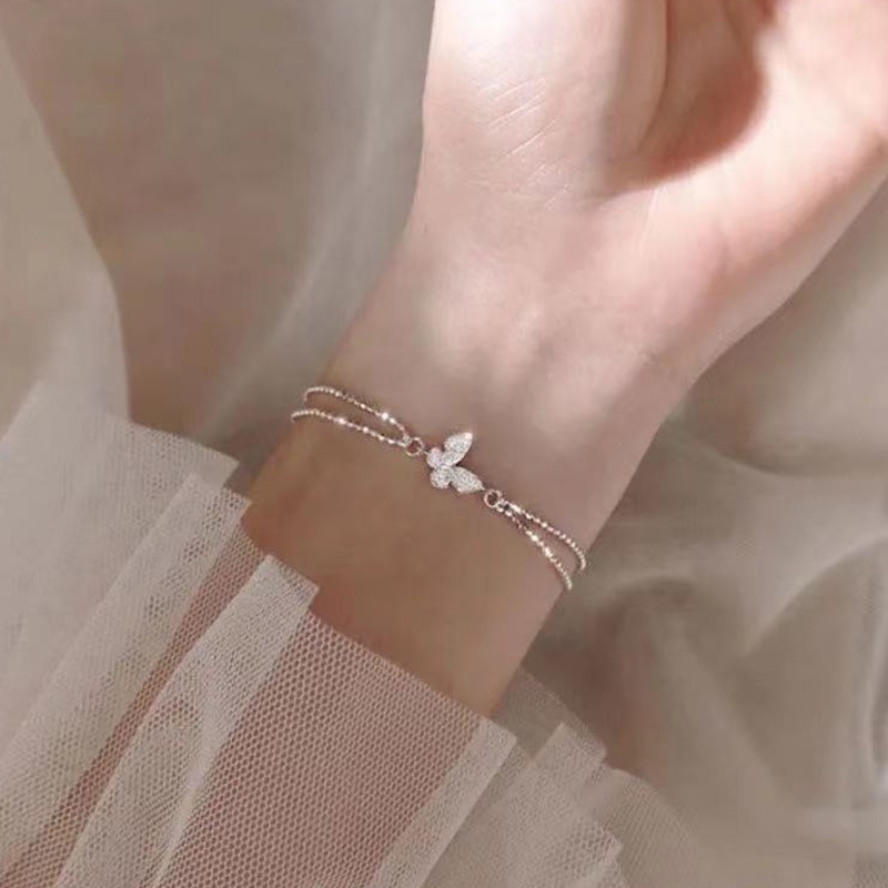 Gelang Rantai Ganda Desain Kupu-Kupu Aksen Berlian Penuh Gaya Korea Untuk Wanita