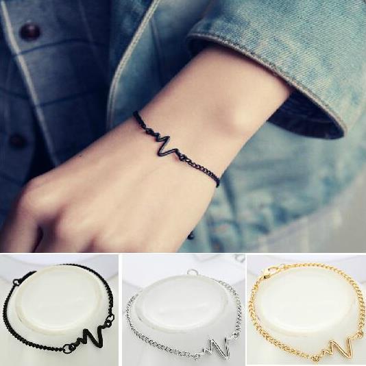 Gelang Rantai Adjustable Desain Elektrokardiogram Warna Hitam Emas Silver Untuk Pria Dan Wanita