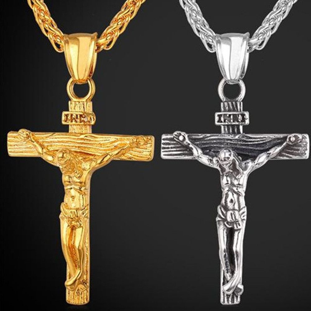 Kalung Liontin Salib Yesus Kristen Bahan Stainless Steel 316L Warna Emas Untuk Pria Dan Wanita