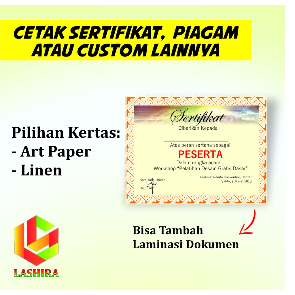 

Cetak Sertifikat Print Piagam custom kertas artpaper atau linen A4 bisa satuan ecer bisa Laminasi glossy