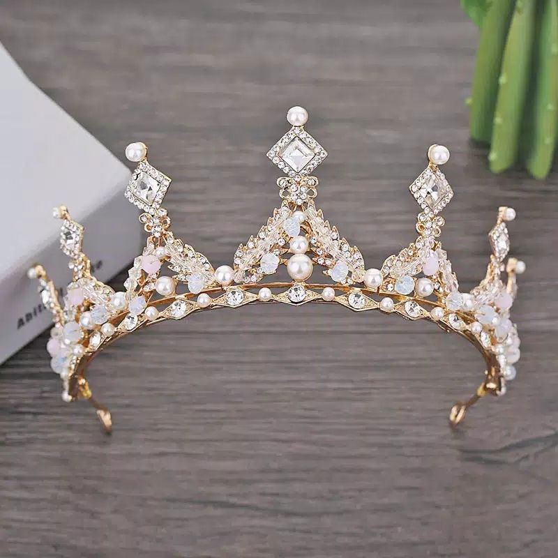 FerenHongXia mahkota tiara warna gold kristal berlian imitasi untuk wanita