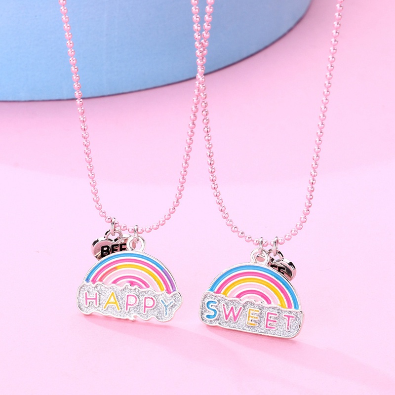 2pcs / Set Kalung Rantai Liontin Tulisan Happy Best Friends Warna Pelangi Untuk Anak Perempuan