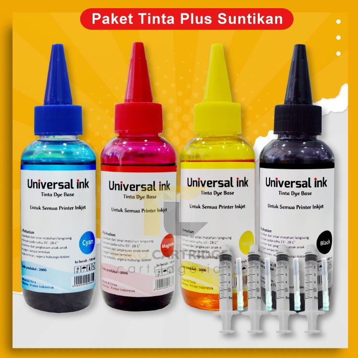 Tinta Refill Universal Ink CMYK 100ml Canon Epson Brothr HP, Tinta Dye Base Tutup Model Kerucut + Spuit 5cc