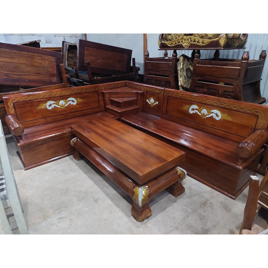MEJA KURSI TAMU KAYU JATI MODEL SUDUT