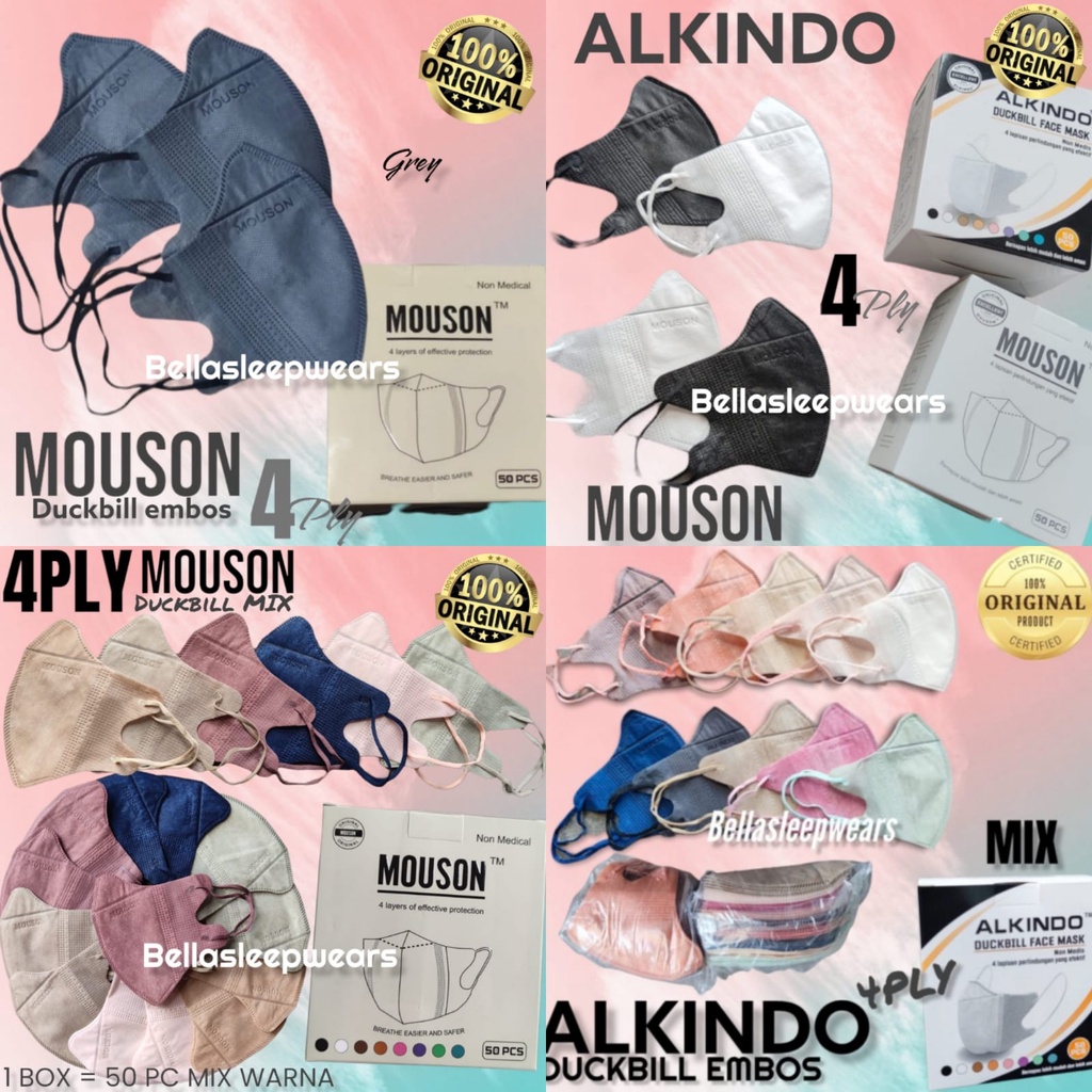 MASKER 4PLY DUCKBILL MOUSON ALKINDO EMBOS GARIS BOX ISI 50PC- MASKER DUCKBILL 4PLY EMBOS