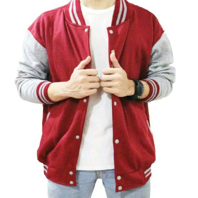 Jaket Baseball Polos Bahan Tebal pria wanita | Jaket baseball varsity-marun abu
