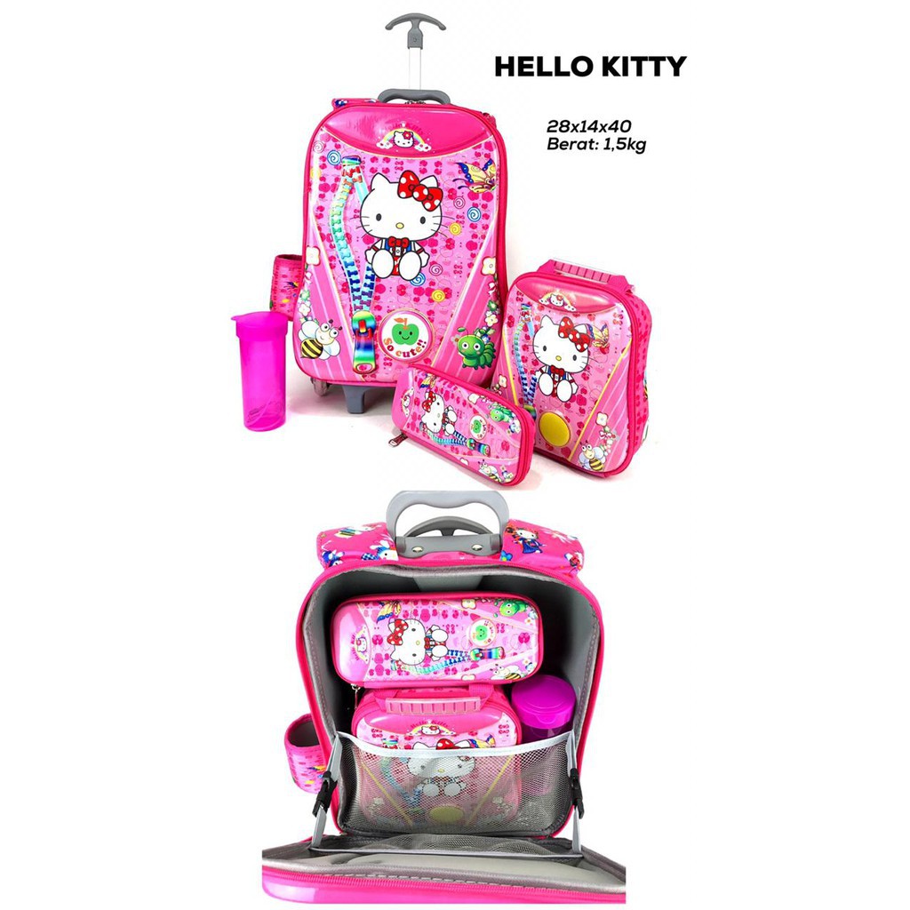 (RK)Tas Troli Sekolah Anak Perempuan 6D 4in1 Tas Anak Hello Kitty 6 Roda Import