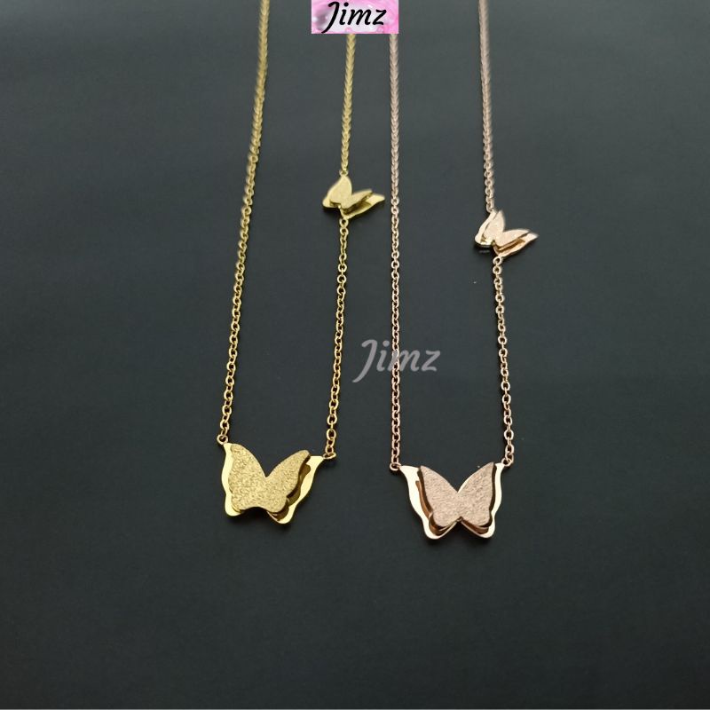 Jimz - Kalung Titanium Asli Wanita Dua Kupu-Kupu, Anti Hitam Anti Karat Korea Fashion Perhiasan Aksesoris Wanita Nagita