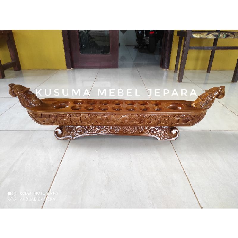 Dakon / Congklak Kayu Jati Model Ukir Daun Krawing (Panjang 90cm)