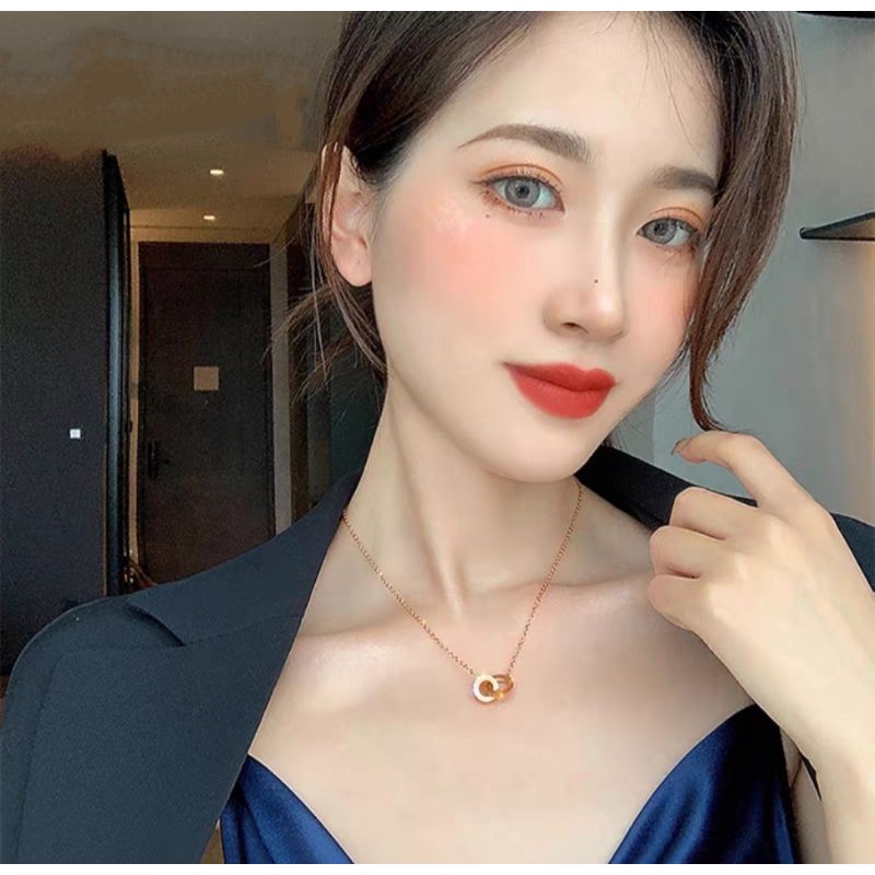 Kalung B&lt;lgri Titanium Two Rings Kristal Terlaris Anti Karat selamanya Terbaru Kekinian Mewah Fashion Wanita