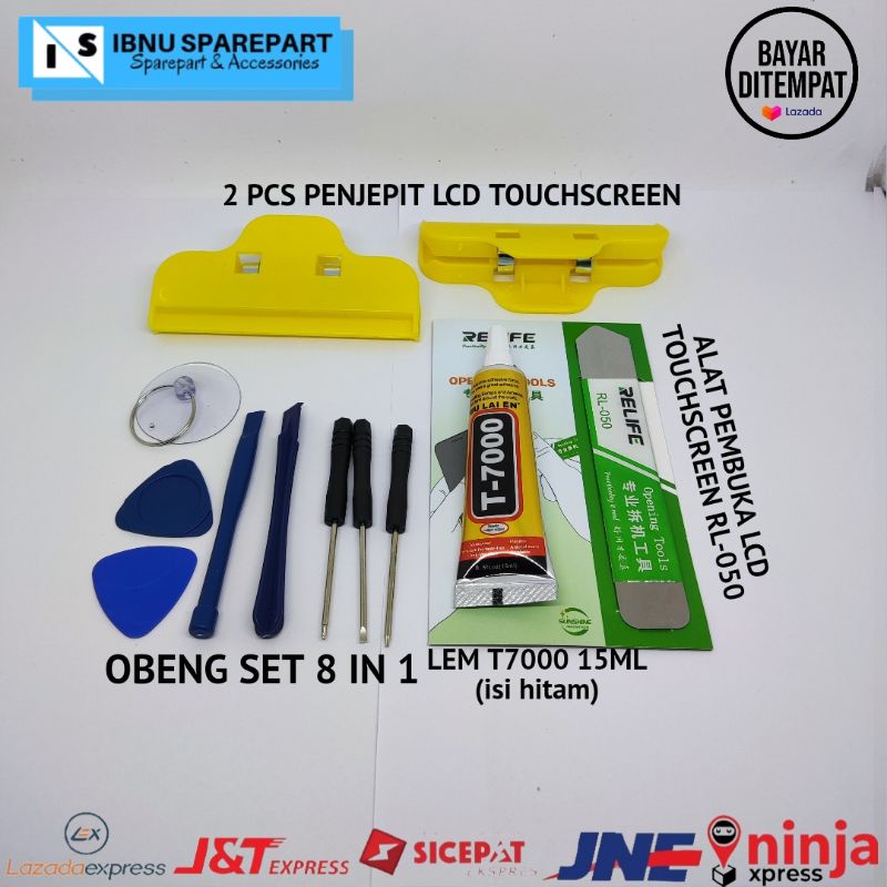 OBENG SET HP  8 IN 1 + LEM T7000 15ML + PENJEPIT LCD + ALAT PEMBUKA LCD TOUCHSCREEN RL-050 ALAT SERVIS HP