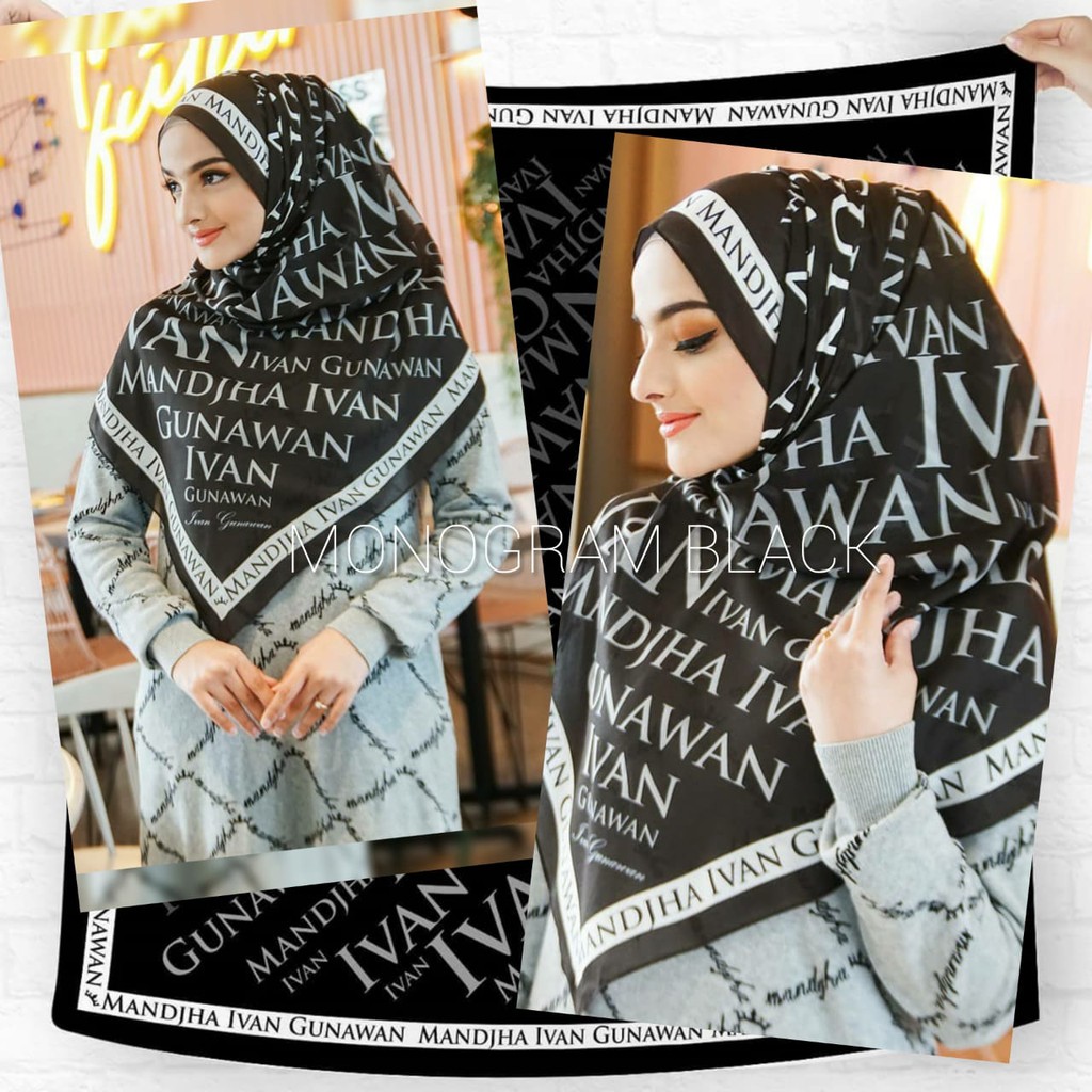 MONOGRAM HITAM SCARF  SEGI EMPAT BAHAN  VOAL HIJAB MANDJHA 