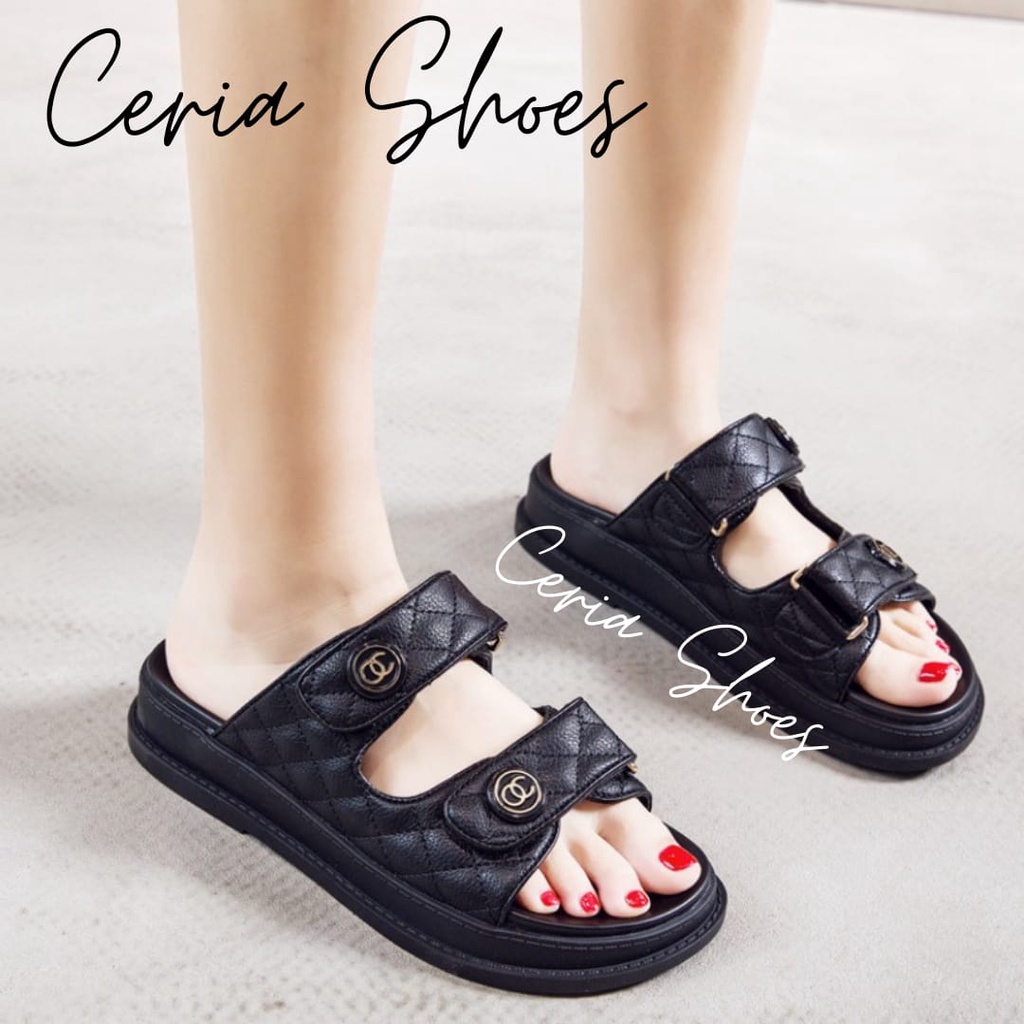 NEW Sandal Wanita Import Karet Balance Slop Birkin Motif Kancing BONITA