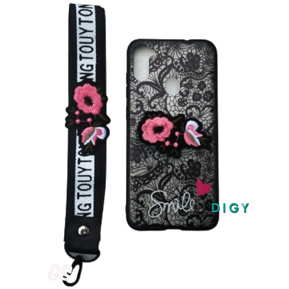 Case Samsung A11  M11 Bordir Motif bunga Plus Gantungan Case  Bordir Timbul Karakter