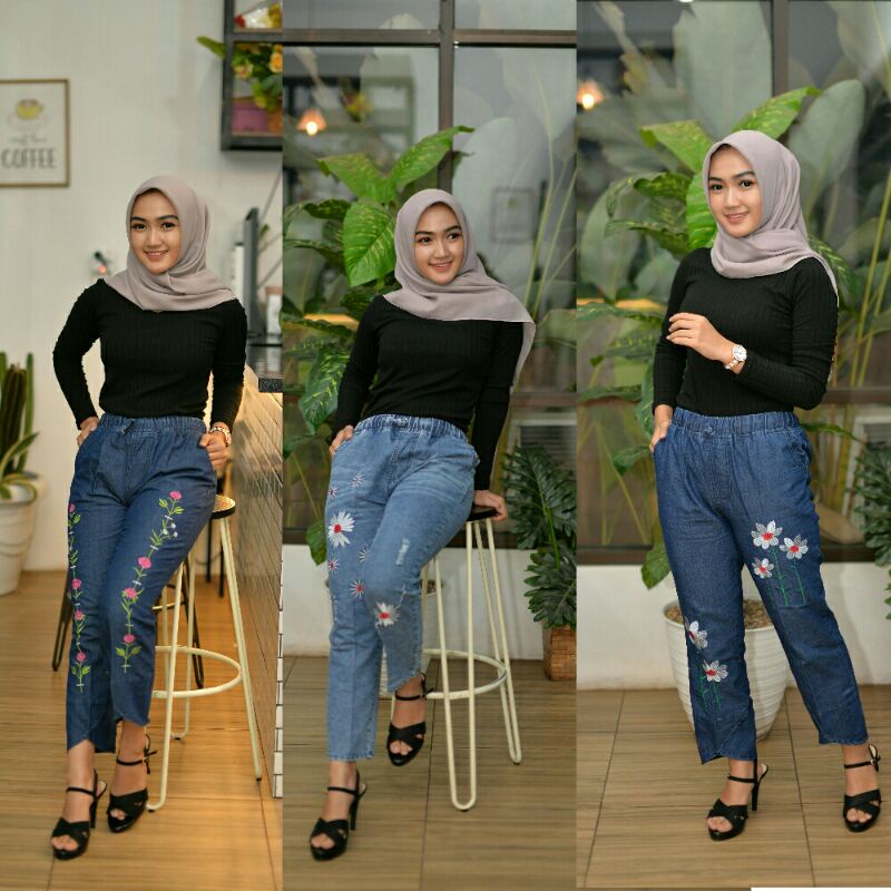 Celana Baggypants Bordir Bunga // Celana Jeans Boyfrends Bordir Bunga // Celana Jeans Wanita Bunga